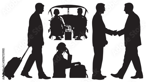 A comprehensive set of black silhouette illustrations depicting various business activities including travel, meetings, and communication scenarios