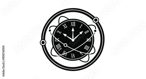 Clock Icon with Orbital Rings and Atom Symbol Representing Time and Science