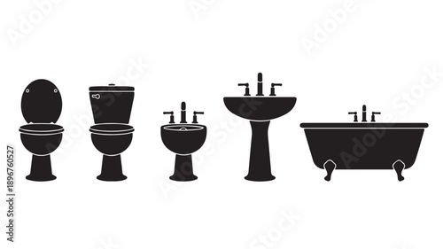 Bathroom Fixtures Toilet Sink Bathtub Black Silhouettes Vector Illustration Isolated on White