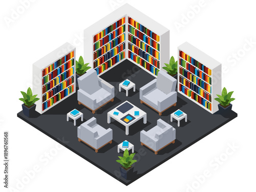 Isometric vector illustration of a modern library reading room with bookshelves, comfortable armchairs, and coffee tables, perfect for study and relaxation space