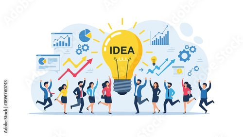 Diverse group of business people celebrating a successful idea around a giant glowing light bulb with data charts and gears background.