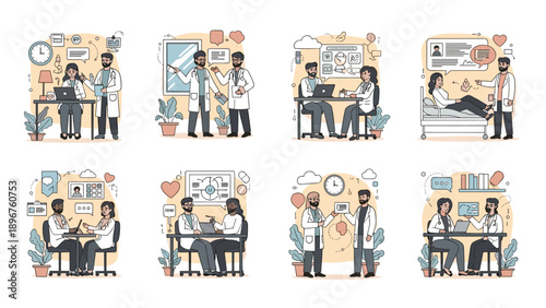 Set of medical illustrations showing doctors consulting with patients, discussing data on laptops, and working in a hospital.