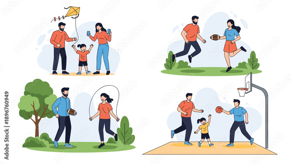 Fototapeta premium Collection of people participating in different sports and outdoor activities like basketball football and kites.