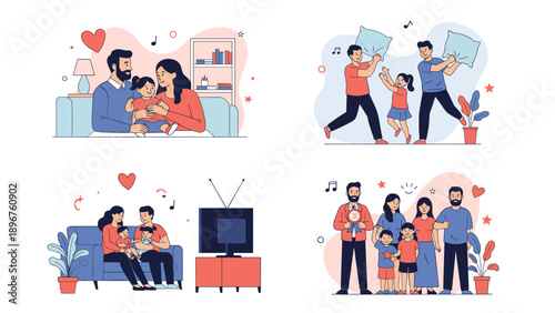 Collage showing various scenes of a happy family spending time together watching tv and playing with pillows at home.