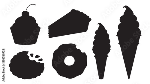 Dessert Silhouettes Set Isolated on White Background Vector Icons