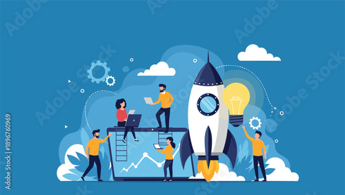 Creative team of people launching a rocket next to a giant lightbulb to represent a successful business startup.