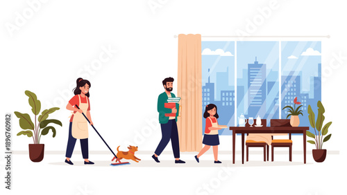 Family members working together on household chores including cleaning the floor and setting the dining room table.