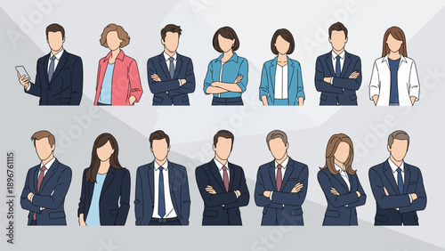 Diverse group of professional business men and women standing in two rows in formal office attire and confident poses.