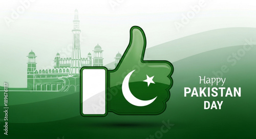 Green thumbs up symbol with pakistan flag on happy pakistan day celebration background with mosque