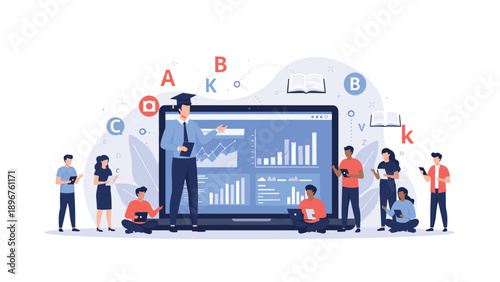 Successful graduate conducting an educational presentation on a large laptop screen surrounded by diverse learners.