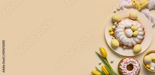 Tasty Easter cake, tulips a...