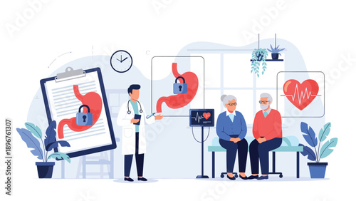 Doctor in white coat explains digestive health to an elderly couple in a clinic with stomach icons and heart rate monitor.