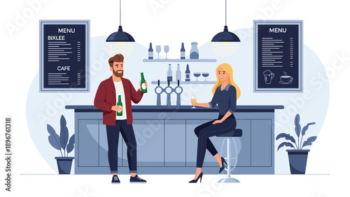 Man and woman enjoying drinks and talking while sitting at a modern bar counter with bottles and cafe menus visible in the background.