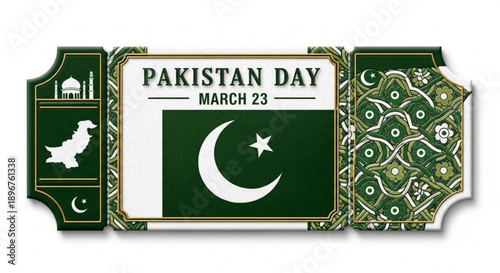 Pakistan day celebration banner with green and white design crescent moon and star traditional patterns and cultural symbols on march 23
