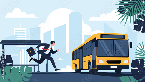 Businessman in a hurry running to catch a yellow city bus at a station with modern skyscrapers and palm leaves in background.
