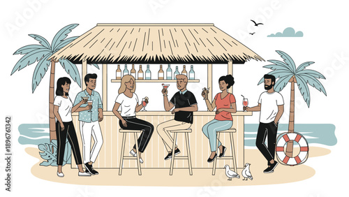 Friends enjoying tropical cocktails at a wooden beach bar during sunset with palm trees, seagulls, and ocean waves in background.