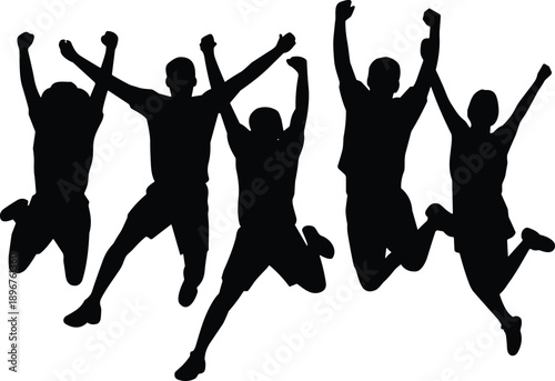 Three happy male friends jumping in air silhouette isolated on white background celebrating success victory winning teamwork and active lifestyle (20 words)