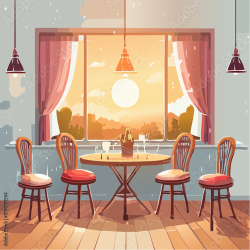 Romantic Cafe at Sunset Flat Vector Illustration