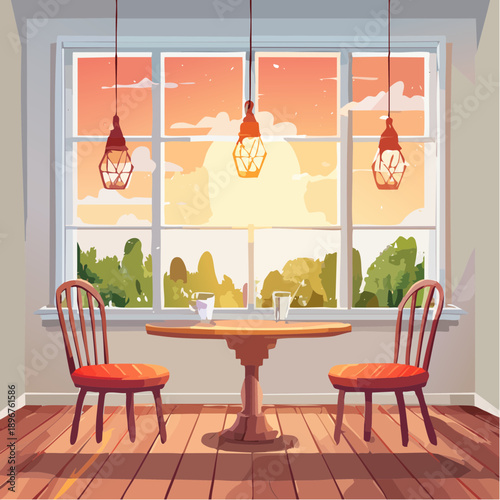 Romantic Cafe at Sunset Flat Vector Illustration