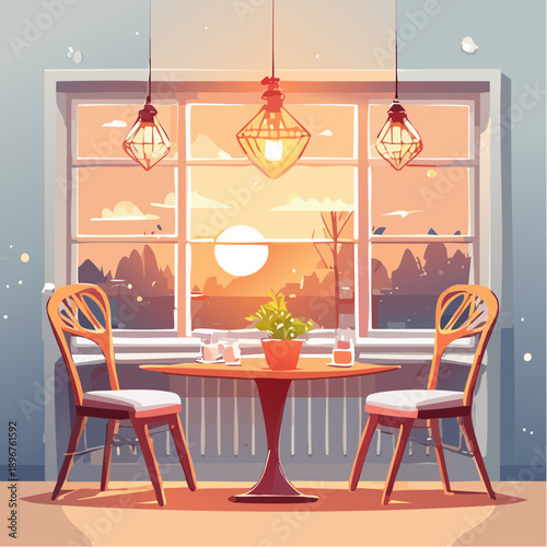 Romantic Cafe at Sunset Flat Vector Illustration