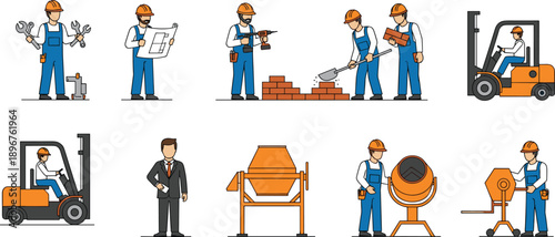 Diverse Construction Workers and Female Carpenter Character Set with Tools Safety Equipment and Industrial Machinery for Building Site Project Design Illustration