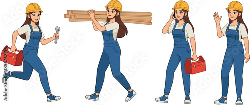Female Construction Worker and Professional Maintenance Crew Set with Tools Lumber Safety Gear and Equipment for Industrial Building Site Vector Illustration