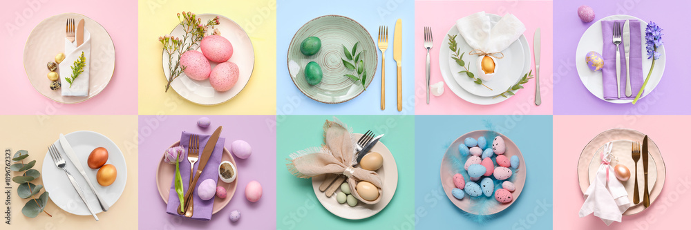 Obraz premium Collage of different Easter table settings