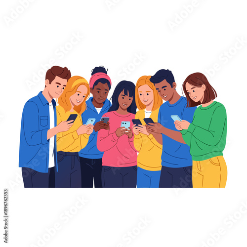 Young diverse people captivated by their smartphones, engaged in digital communication, a modern social media vector illustration