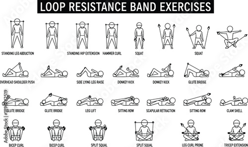 Loop resistance band exercises icons set, fitness workout guide, strength training silhouettes, leg abduction, glute bridge, bicep curl, squat, home gym