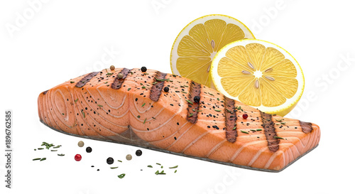 Grilled Salmon Fillet with Lemon Slices and Peppercorns