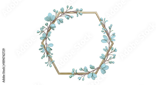 Hexagonal Frame with Green Leaves and Buds