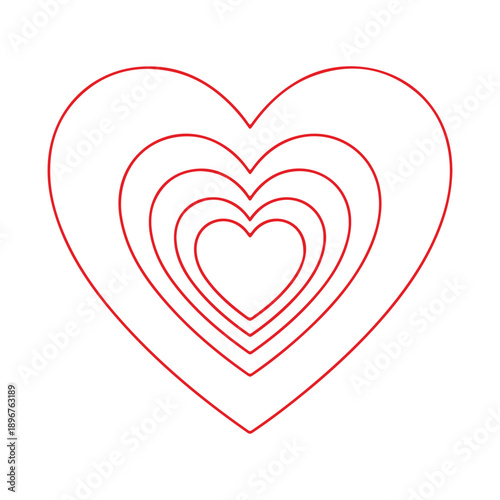 Six hearts nested in red—layered love radiates outward in a geometric embrace of emotion.