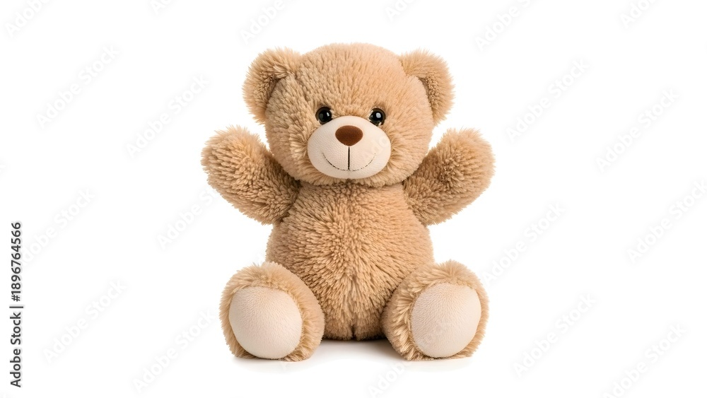 Fototapeta premium A fluffy, cute teddy bear sits with its arms outstretched, looking directly at the camera with a friendly expression on its face