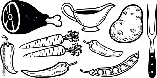 Black and white line art drawing of meat ham carrots peppers peas potato fork and gravy boat illustration collection