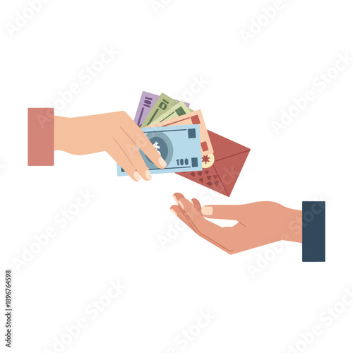 A red envelope of generosity—hands exchanging colorful currency in a moment of giving and trust.