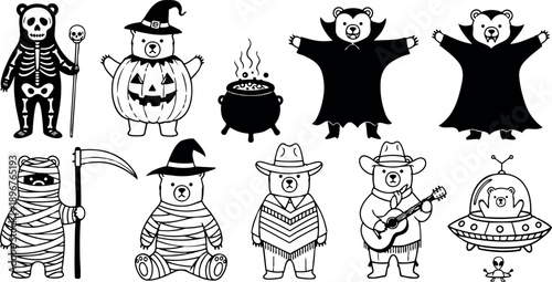 Halloween themed black and white bear characters in skeleton, pumpkin, vampire, mummy, cowboy, and alien costumes with witches hat and cauldron