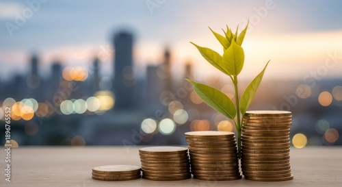 A young, green plant grows healthily from the center of a neat stack of gold coins, set against the soft, out-of-focus lights of a city skyline at night.