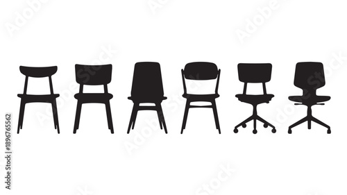 Horizontal set of six diverse chair icons in minimalist silhouette, showcasing various modern and classic seating furniture designs from a side view.