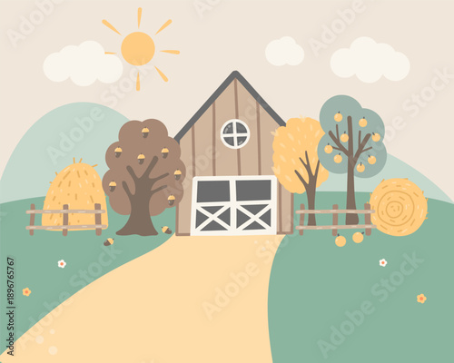 Autumn Farm Background with Barn, Trees and Hay – Cute Flat Illustration with Copy Space