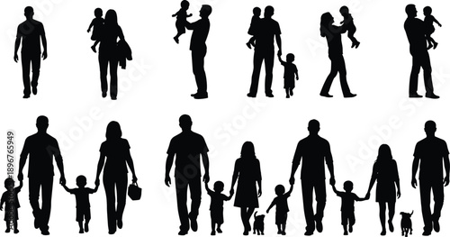 Family silhouette icon set, adults and children in caregiving poses, black vector illustration, parenting and relationship theme, isolated on white background