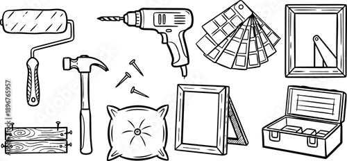 Black and white line art set of home improvement painting and carpentry tools including hammer drill paint roller and toolbox illustrations