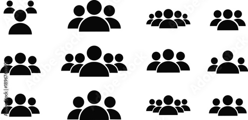Group configuration icon set, stylized people silhouettes in varied arrangements, black vector illustration, community and user interface theme, isolated on white background