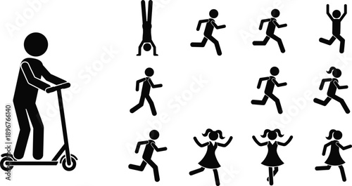 Human activity silhouette icon illustration set, scooter riding, handstands, running, jumping, dancing poses, cad drawing flat vector artwork, black and white