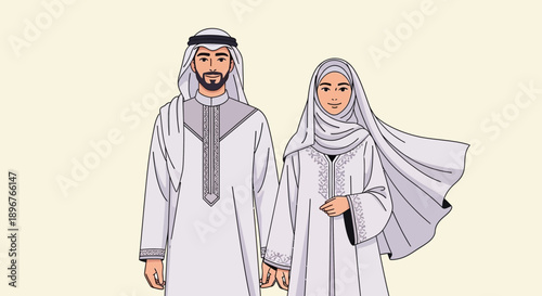 Elegant illustration depicting an Arab couple in traditional attire, symbolizing cultural pride and partnership, ideal for themes of family, tradition, and global diversity