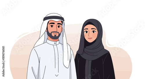 Illustrative depiction of an elegant Middle Eastern couple in traditional dress, symbolizing cultural heritage, unity, and modern values