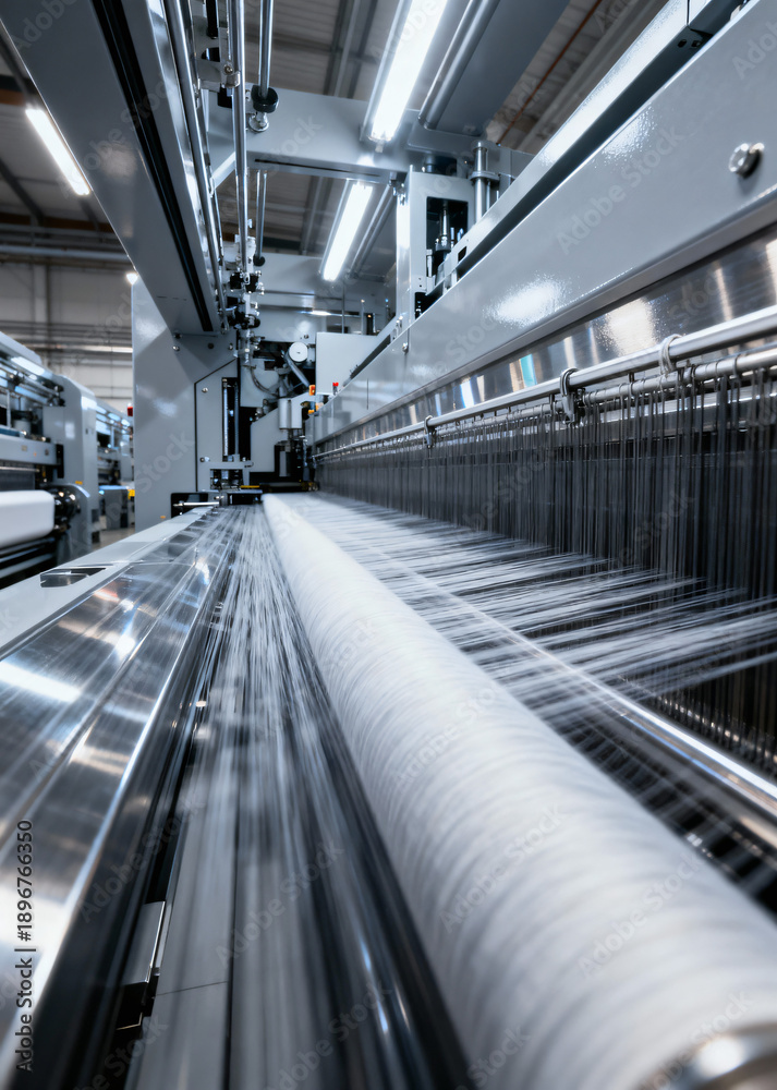 Obraz premium Modern Textile Manufacturing Equipment in Action with Spinning Thread