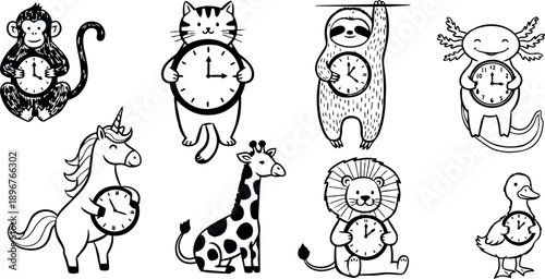 Black and white line art of monkey cat sloth axolotl unicorn giraffe lion and duck holding clocks isolated