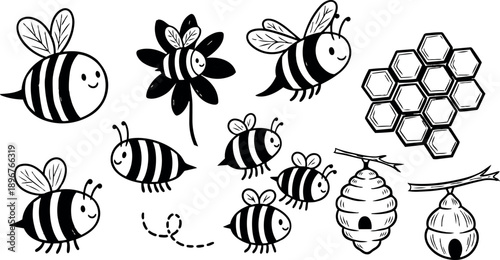Black and white hand drawn bee collection including honeycomb flower hive and smiling flying bees in cartoon style