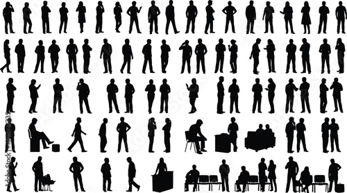 Human interaction silhouette icon set, seated and standing figures with furniture, black vector illustration, office and social theme, isolated on white background