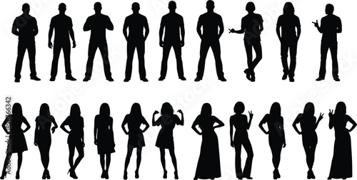Male and female silhouette icon set, varied standing poses and outfits, black vector illustration, posture and fashion theme, isolated on white background